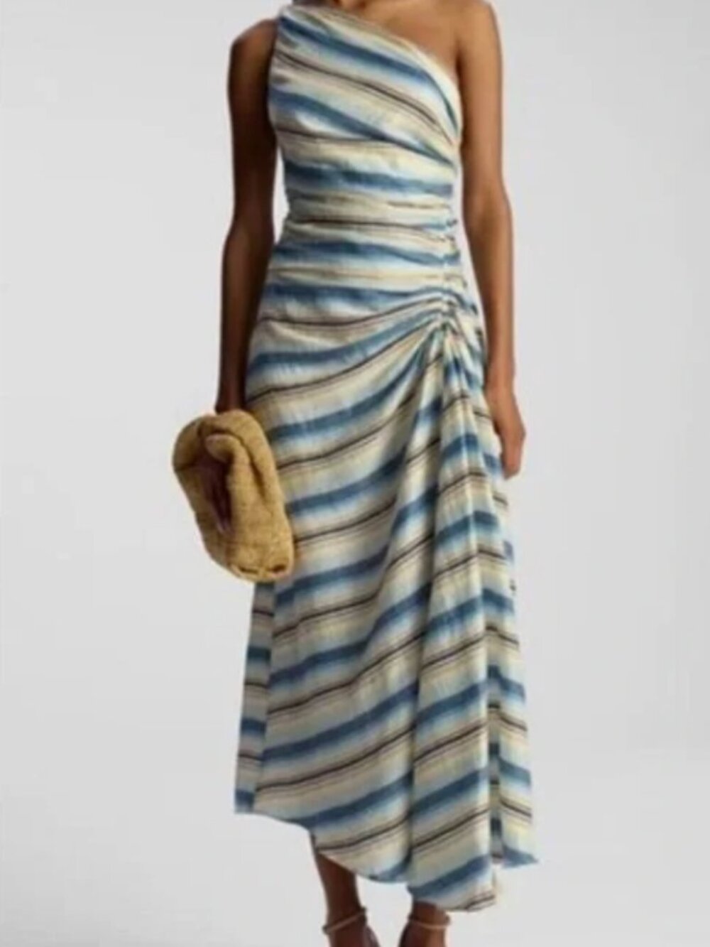 A.L.C. Carolyn Dress Isla Stripe One-Shoulder Linen Ruched Midi Dress (Size 6)